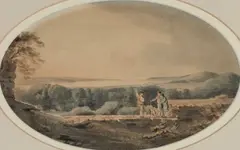 William Payne, A View From Exeter Over Exmoor, Pencil and watercolour Framed in an oval