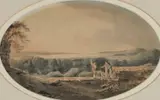 William Payne, A View From Exeter Over Exmoor, Pencil and watercolour Framed in an oval