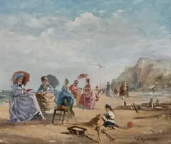 Ernst Laynaud, Beach Scene With Figures, Oil on panel