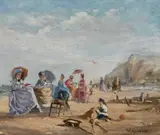 Ernst Laynaud, Beach Scene With Figures, Oil on panel