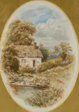 Myles Birket Foster, A Cottage By A Stream, Watercolour, framed as an oval