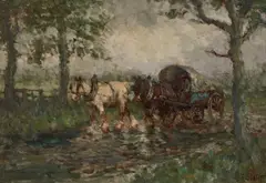 John Falconer Slater, The Covered Wagon, Oil on board Cottage study verso