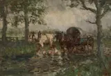 John Falconer Slater, The Covered Wagon, Oil on board Cottage study verso
