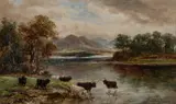 William Langley, Highland Cattle Watering, Oil on canvas