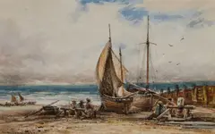 James Orrock, Fishermen Drying Nets And Fishing Boats On The Sussex Coast, A Pair, 1895, Watercolour