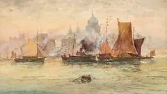 Frank William Scarbrough, Shipping In Front Of St Pauls Cathedral, London, Watercolour heightened with white