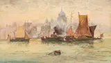 Frank William Scarbrough, Shipping In Front Of St Pauls Cathedral, London, Watercolour heightened with white