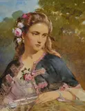 John Absolon, Portrait Of A Young Woman With A Fan, Watercolour