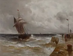 Gustave de Breanski, Fishing Boats In A Swell, 1891, pencil Oil on canvas