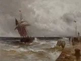 Gustave de Breanski, Fishing Boats In A Swell, 1891, pencil Oil on canvas