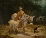 Thomas Woodward, Farm Girl With A Donkey, Foal And Dog, Oil on board (possibly paper laid to board)