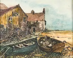 Laurie Peacock, Boats And Warehouses On An Estuary, Pen, ink and wash