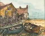 Laurie Peacock, Boats And Warehouses On An Estuary, Pen, ink and wash