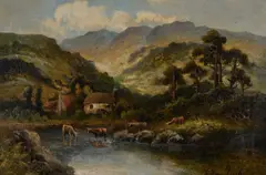 William Langley, Highland Cattle Watering Before A Croft, Oil on canvas