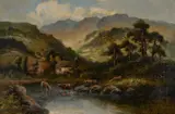 William Langley, Highland Cattle Watering Before A Croft, Oil on canvas