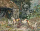 John Falconer Slater, Cockeral And Chickens, Oil on canvas board