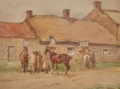 John Atkinson, Horse Trading Outside The Wheat Sheaf, Watercolour over pencil