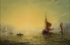 William Adolphus Knell, Ships At Sunrise, Oil on board