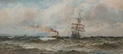 William Thomas Nichol Boyce, Paddler Towing A Sailing Ship Into Port, 1911, Watercolour