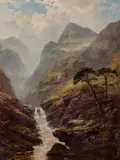 George Blackie Sticks, Misty Highland Landscape With Waterfall, 1878, Oil on canvas