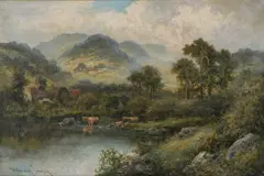 William Langley, Cattle Watering With Distant Hills, Oil on canvas