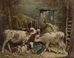 George Smith, Calves In The Byre, Oil on board