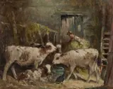 George Smith, Calves In The Byre, Oil on board
