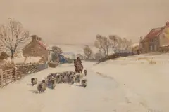 John Atkinson, Shepherd Loading His Flock In The Snow, Watercolour heightened with white