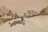 John Atkinson, Shepherd Loading His Flock In The Snow, Watercolour heightened with white