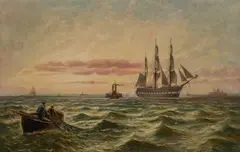 Bernard Benedict Hemy, Sailing Ships And Fishermen Off Tynemouth, Oil on canvas