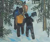 Per Rom, Arbeidere i granskog, 1945, Olje på plate