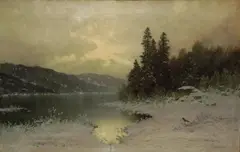 Ludvig Skramstad, Skogsvann med dyreliv, vinter, Olje på lerret