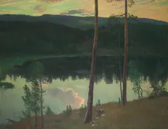 Christian Skredsvig, Skogslandskap med tjern, 1895, Olje på lerret