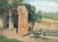 Asta Nørregaard, Ved en vannkilde med antikk ruin, Italia, Olje på lerret