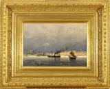 Frithjof Smith-Hald, Hjulbåt og seilbåter i havn, 1876, Olje på lerret