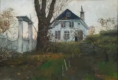 Frits Thaulow, Det gamle Hjem Rentlergården, Kragerø, 1882, Olje på plate