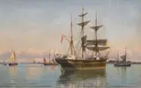 Christian Blache, Norsk seilskute i havn, 1917, Olje på lerret