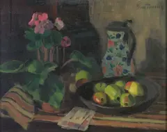 Oppstilling med potteblomst, kanne og fruktfat by Bernt Tunold, Olje på plate, sold Nov 2004