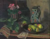 Bernt Tunold, Oppstilling med potteblomst, kanne og fruktfat, Olje på plate