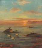 Sjøfugler på skjær by Thorolf Holmboe, Olje på lerret, sold Nov 2004