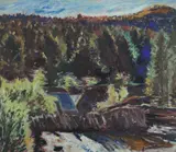 Henrik Sørensen, Myllarfossen i Grungedal, 1933, Olje på teakplate