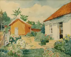 Reidar Lampe, Gårdstun, 1938, Akvarell på papir, lysmål