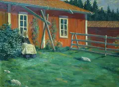 Jacob Bratland, Tun med sittende kvinne, Olje på lerret