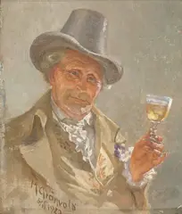 Marcus Grønvold, Mann med hatt og vinglass, 1920, Olje på lerret, oppklebet på plate