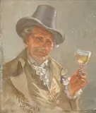 Marcus Grønvold, Mann med hatt og vinglass, 1920, Olje på lerret, oppklebet på plate