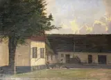 Otto Carl Bentzon Haslund, Gårdstun med frittgående høns, Olje på lerret