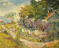 Øyvind Heggtveit, Kystlandskap med hus og syriner, Olje på lerret