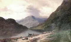 Fjordlandskap med folkeliv by Carl Nielsen, 1893, Olje på lerret, sold Jun 2004