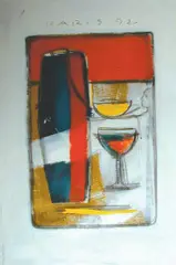 Oppstilling med flaske, glass og bolle by Axel Olaf Tostrup, 1992, Olje på papir, sold Jun 2004