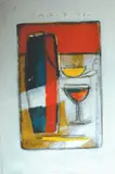Axel Olaf Tostrup, Oppstilling med flaske, glass og bolle, 1992, Olje på papir